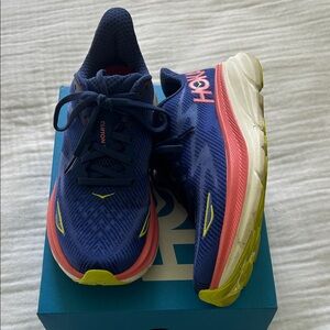 Hoka Clifton Blue and Coral Sneakers